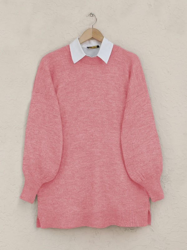 Yuvarlak Yaka Balon Kol Salaş Triko Kazak  -Yavruağzı