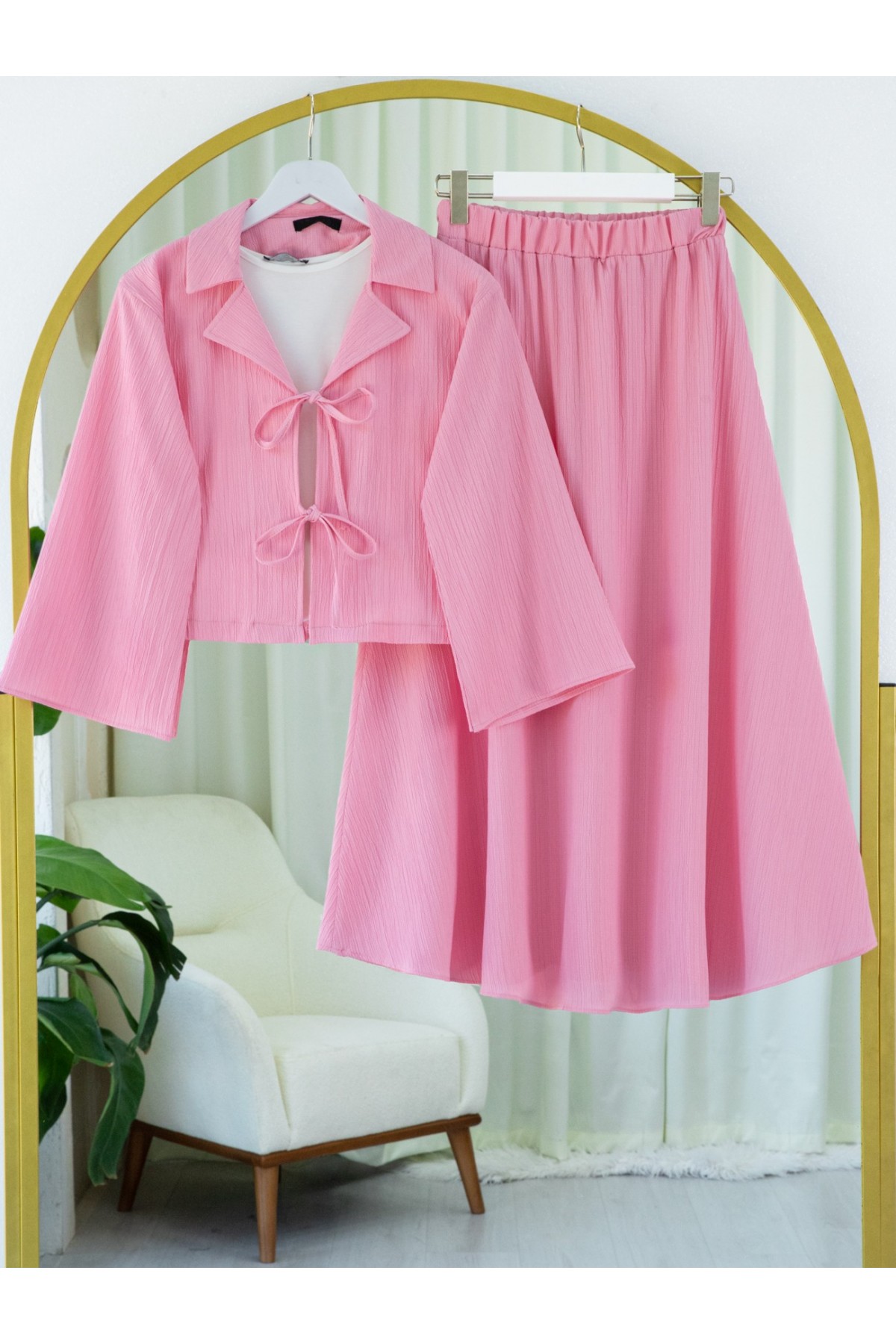 Önü Bağlamalı Etekli Krinkıl Takım   -Pembe