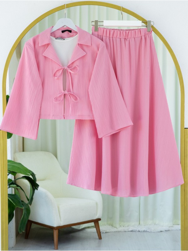 Önü Bağlamalı Etekli Krinkıl Takım   -Pembe
