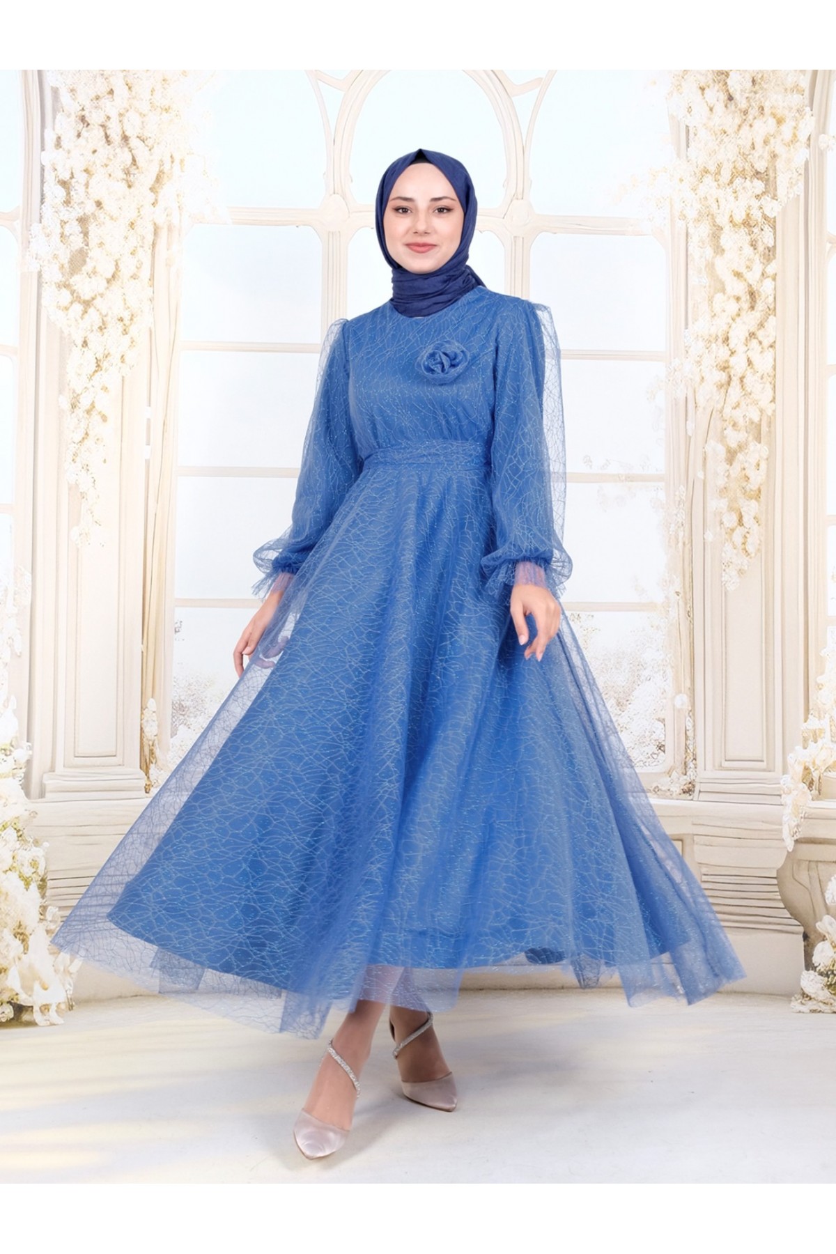 Kolu Lastikli Kuşaklı Simli Kabarık Tül  Abiye -Mavi