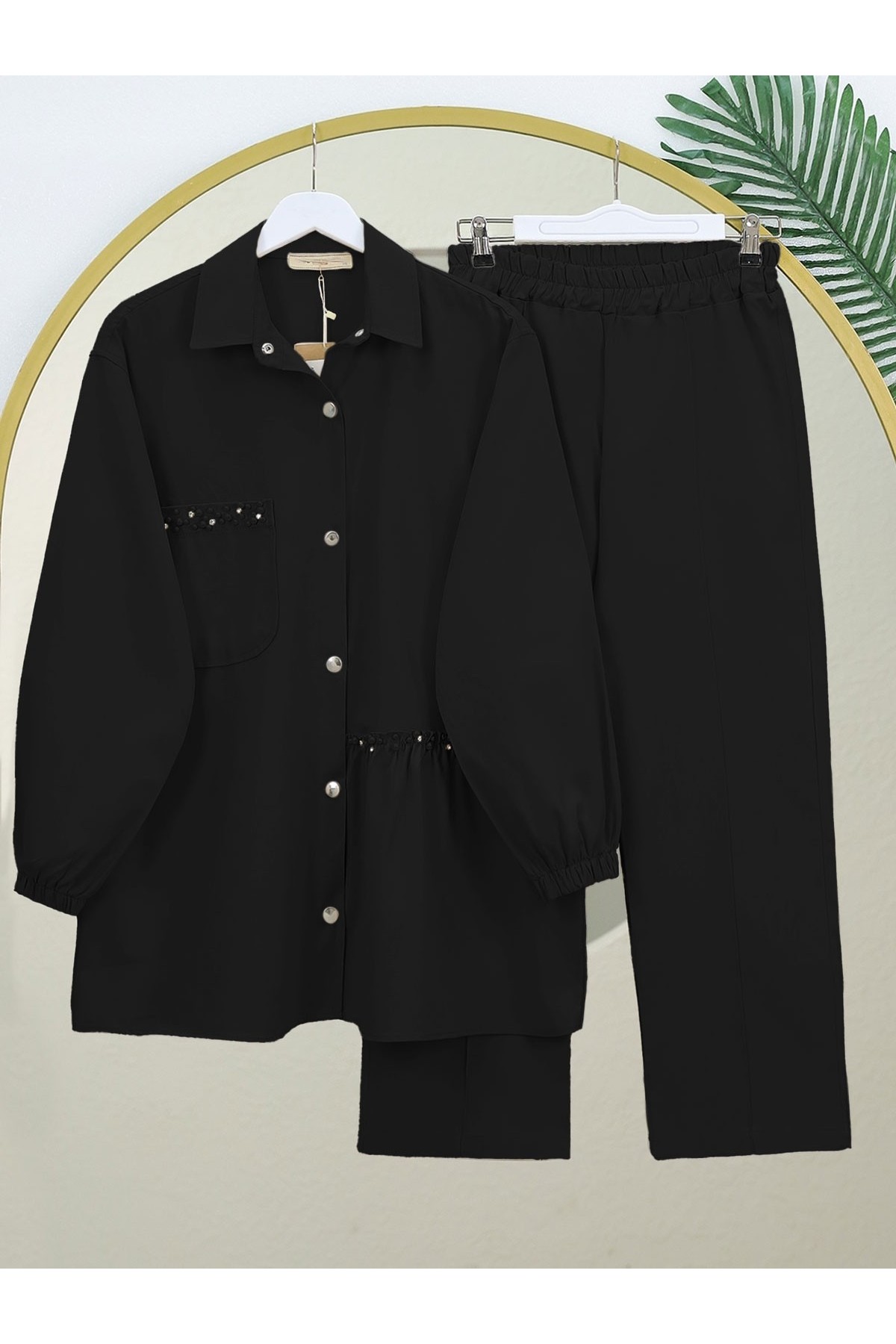 İnci Detaylı Çıtçıtlı Yıkamalı Pamuk Gabardin Takım -Siyah