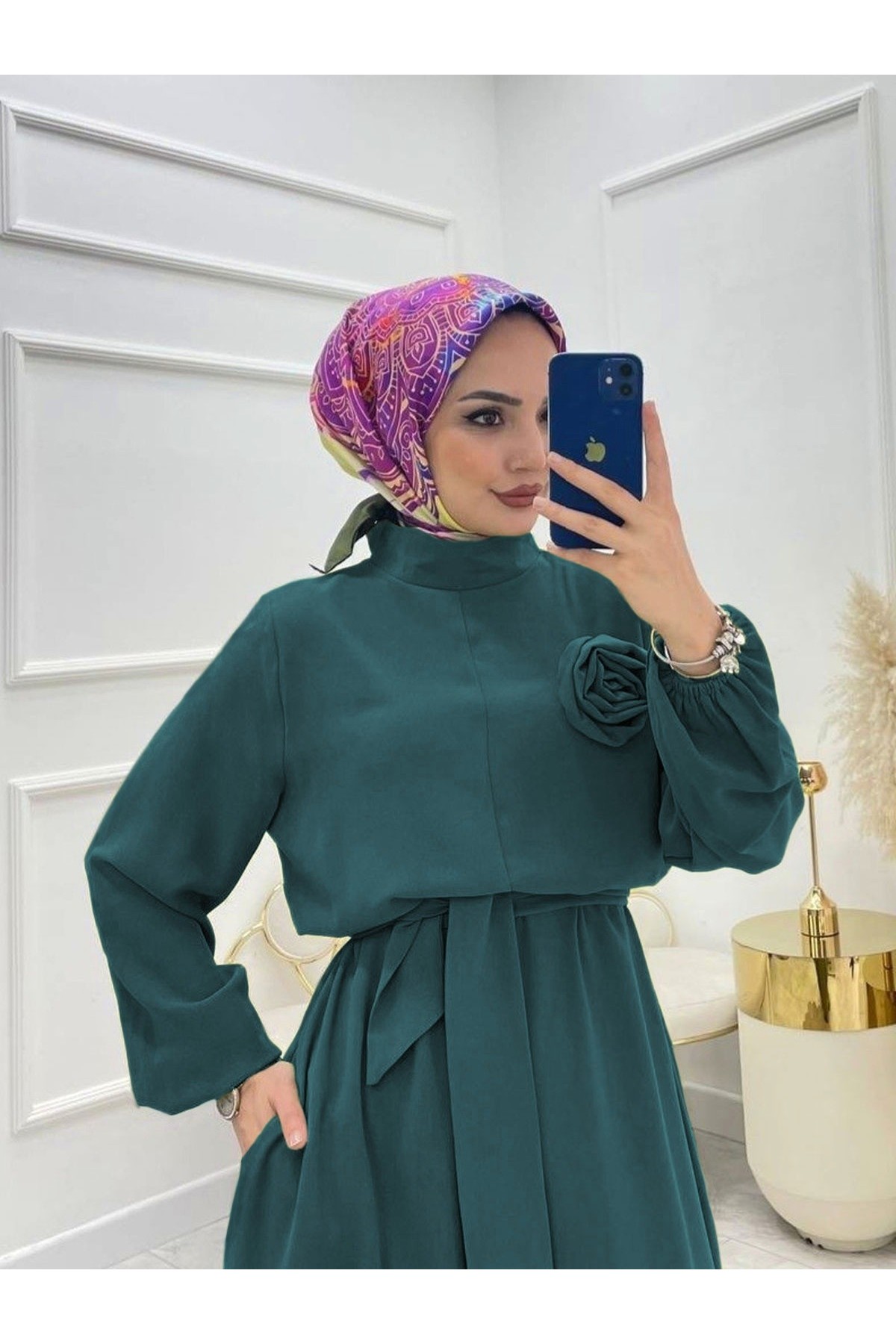 Dik Yaka Kemerli Güllü Tulum -Petrol