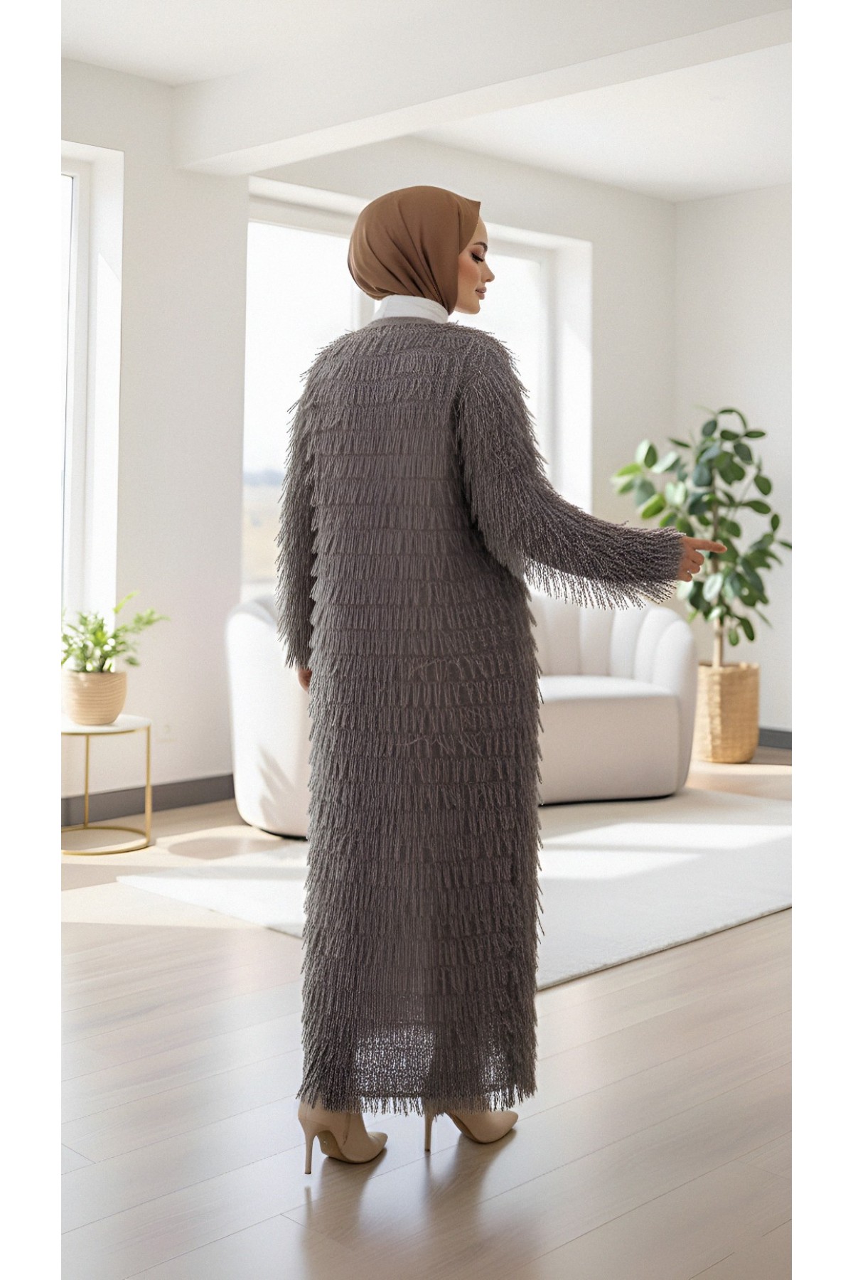 Saçaklı Uzun Triko Hırka -Toprak