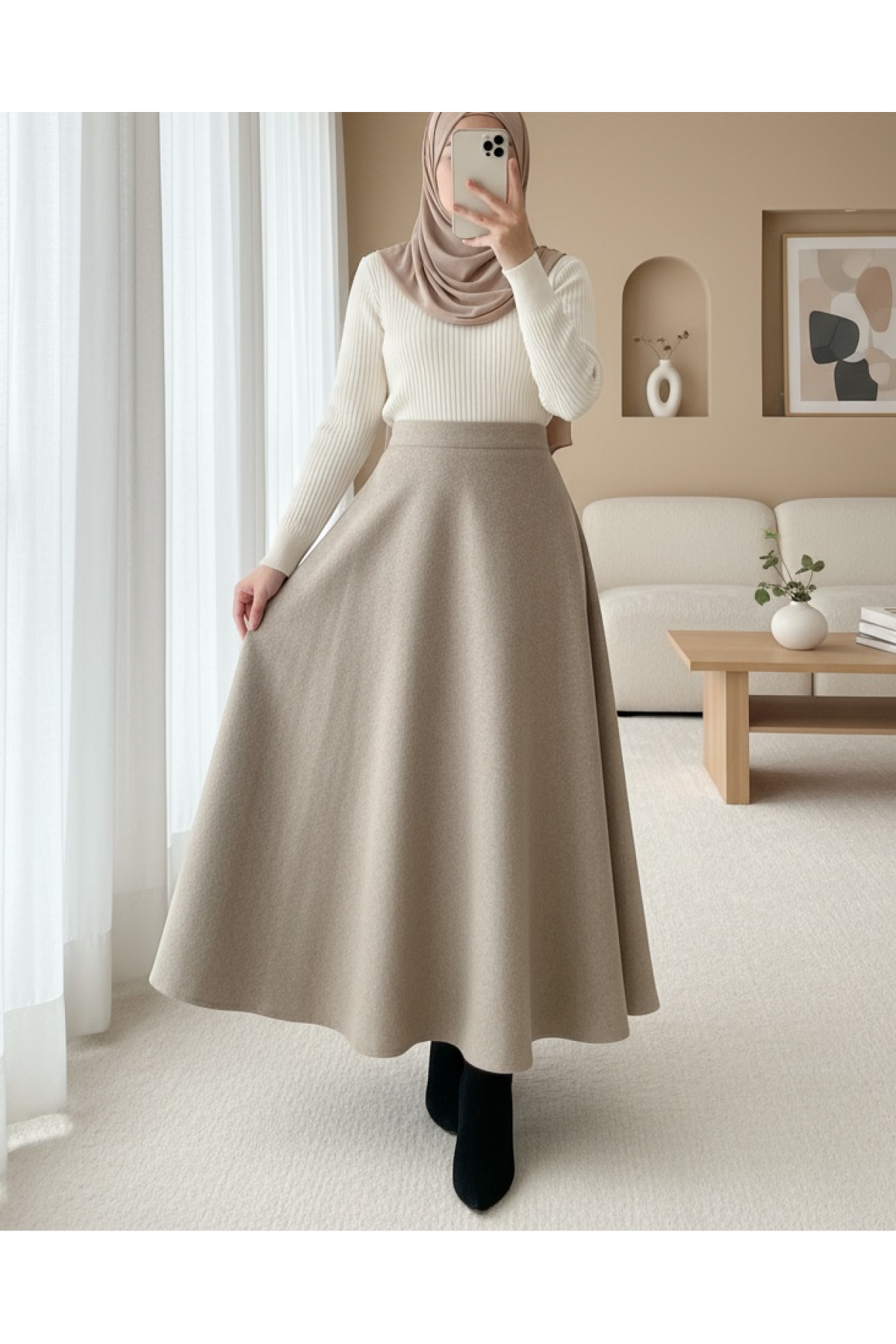 Fermuarlı Kaşe Çan Etek    -Bej