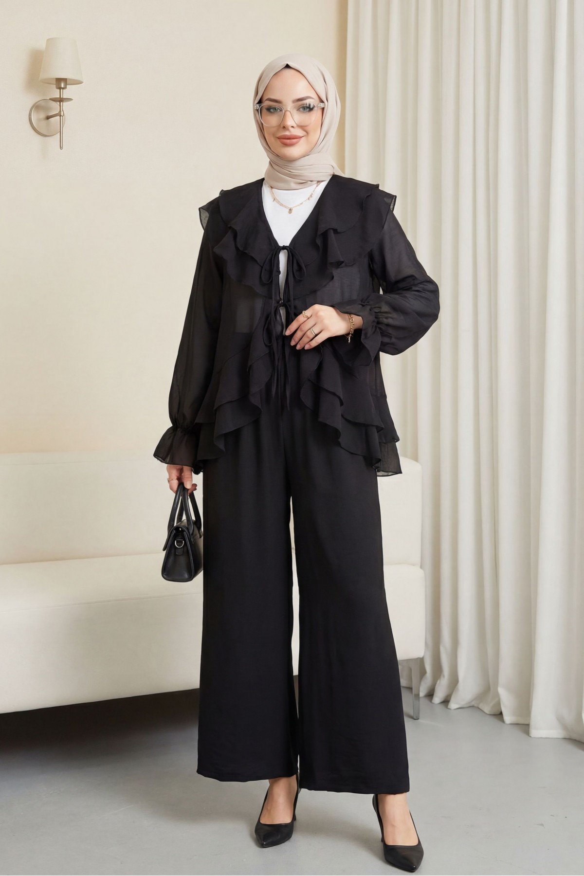 Önü Bağcıklı Kat Yakalı Kolu Lastikli Pantolonu Astarlı Cupra Takım  -Siyah