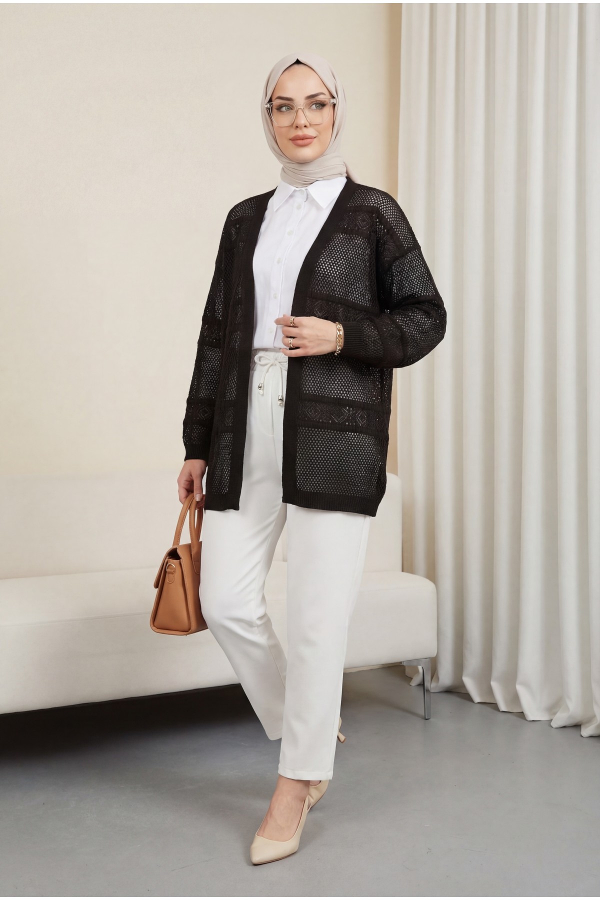 Desenli Ajurlu Triko Hırka -K. Kahve