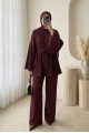 Piliseli Hakim Yaka Düğmeli Krep Takım -Bordo