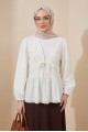 V Yaka Dantel Detaylı Balon Kol  Viskon Bluz  -Beyaz