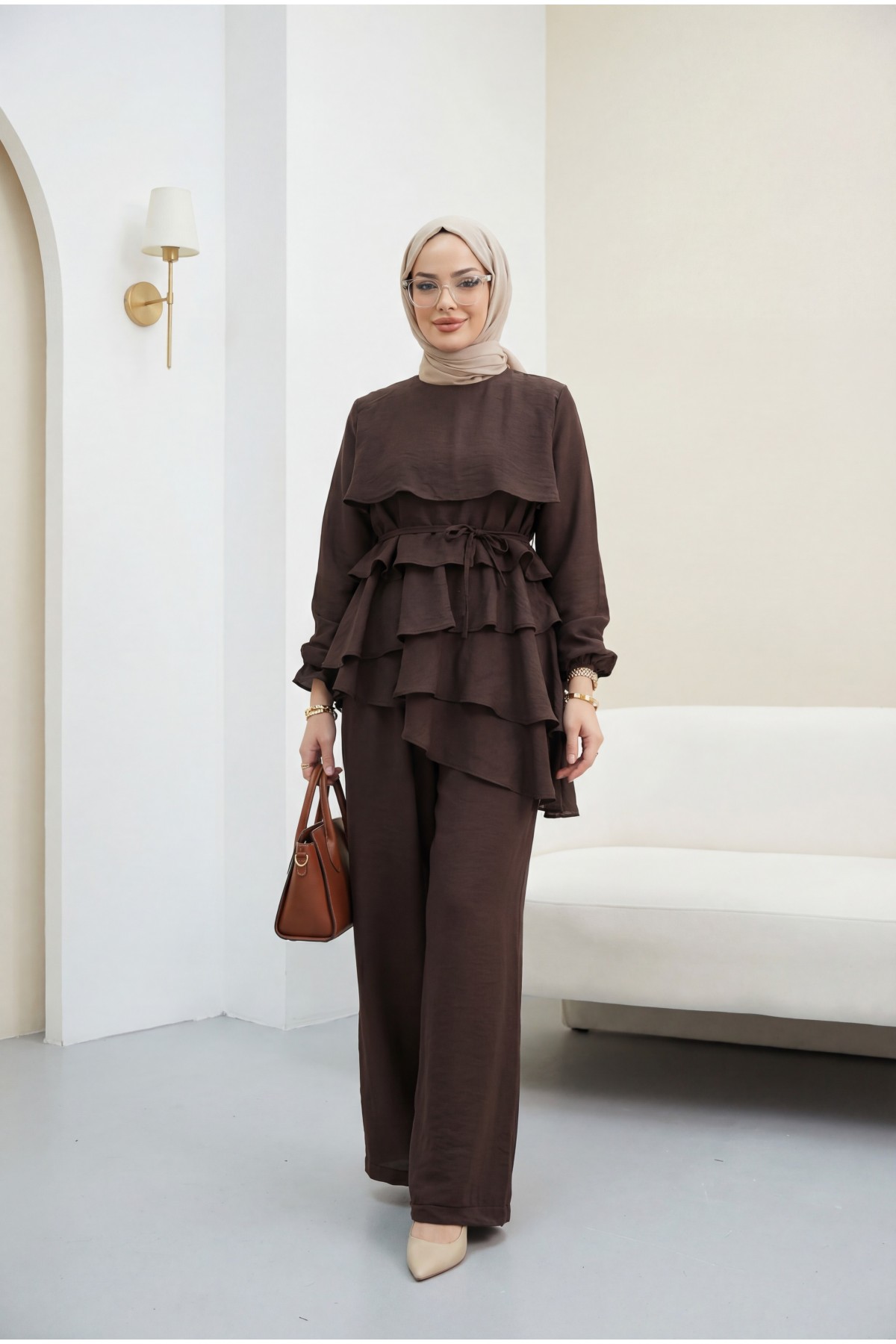 Asimetrik Kat Detaylı Bağcıklı Pantolonu Astarlı Cupra Takım  -Kahve