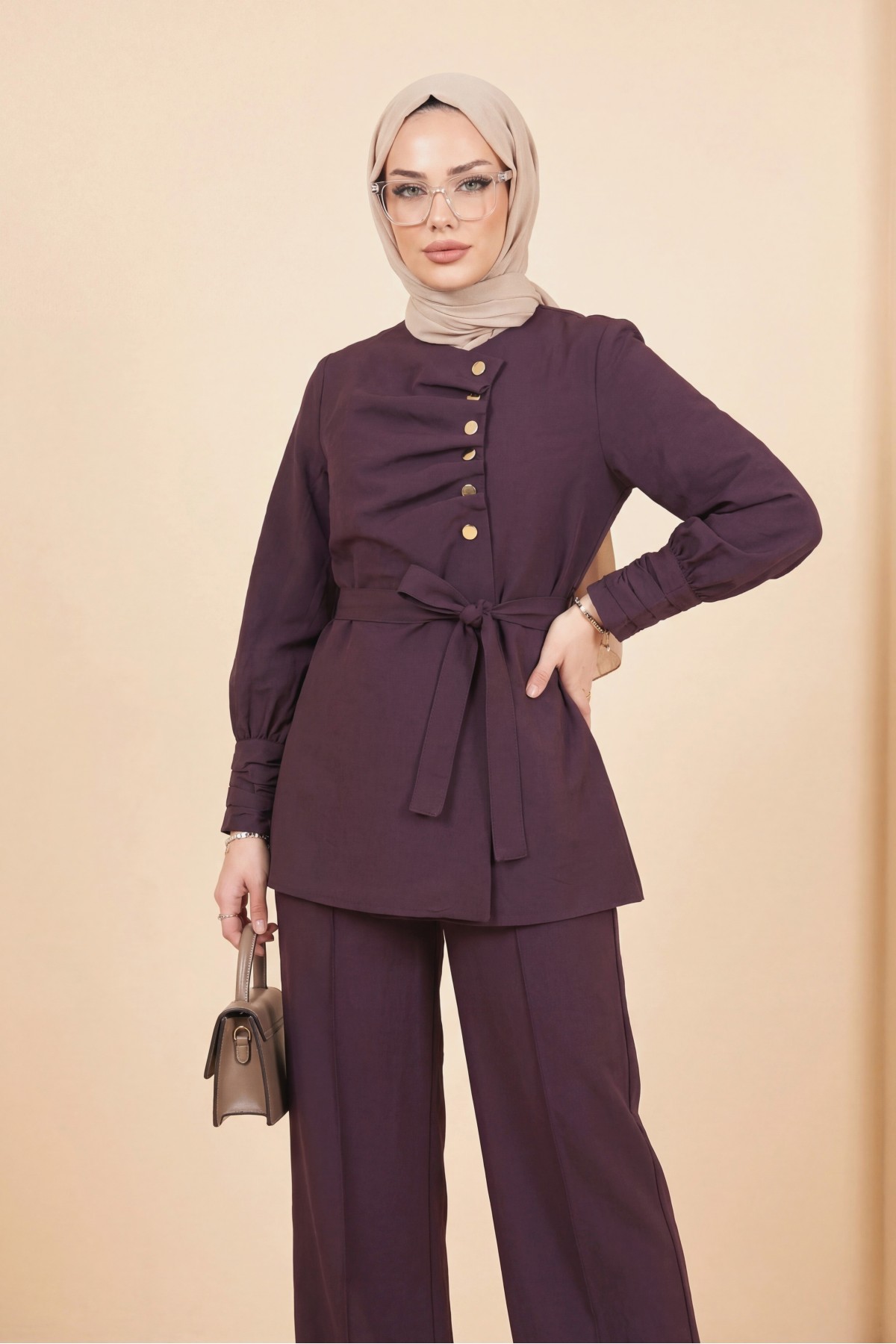 Kolu Ve Önü Katlama Detaylı Beli Kemerli Yarım Düğmeli Cupra Takım  -Mürdüm