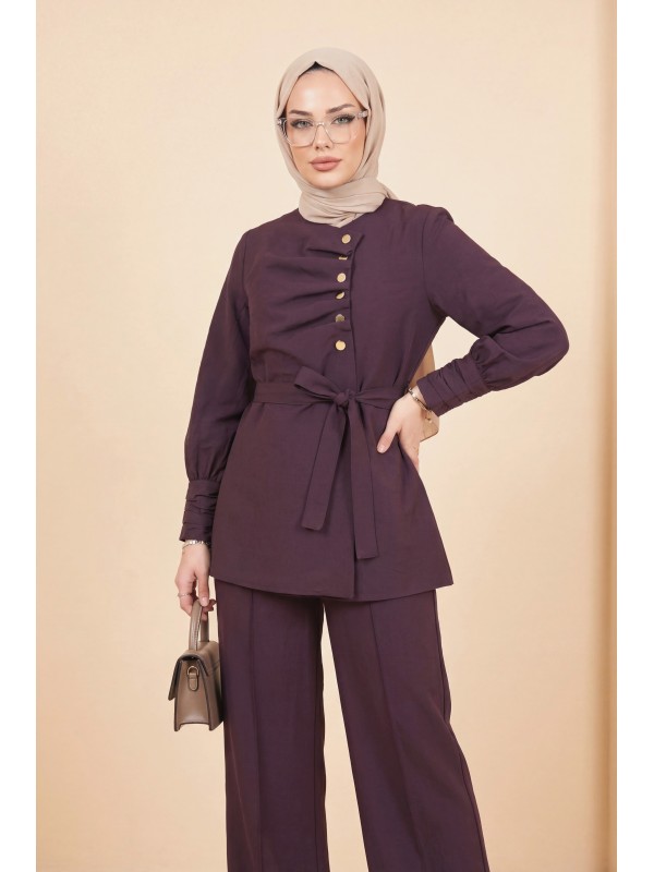 Kolu Ve Önü Katlama Detaylı Beli Kemerli Yarım Düğmeli Cupra Takım  -Mürdüm