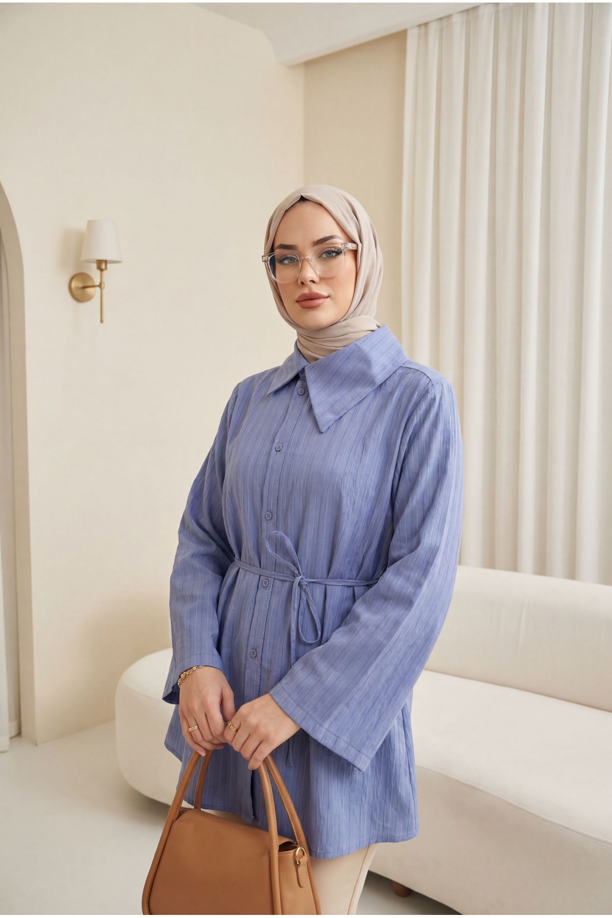 Yandan Yakalı Boydan Düğmeli Çizgili Bağcıklı Krinkıl Gömlek -İndigo