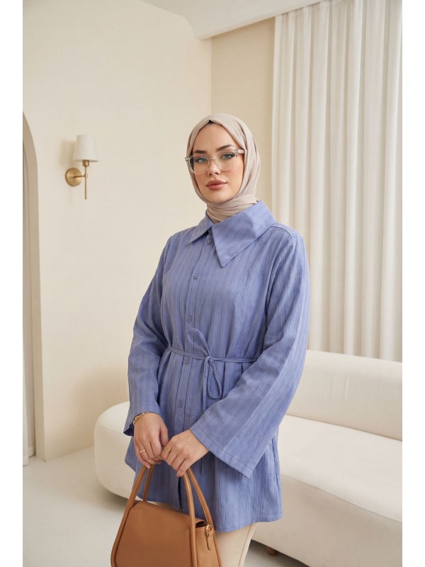 Yandan Yakalı Boydan Düğmeli Çizgili Bağcıklı Krinkıl Gömlek -İndigo