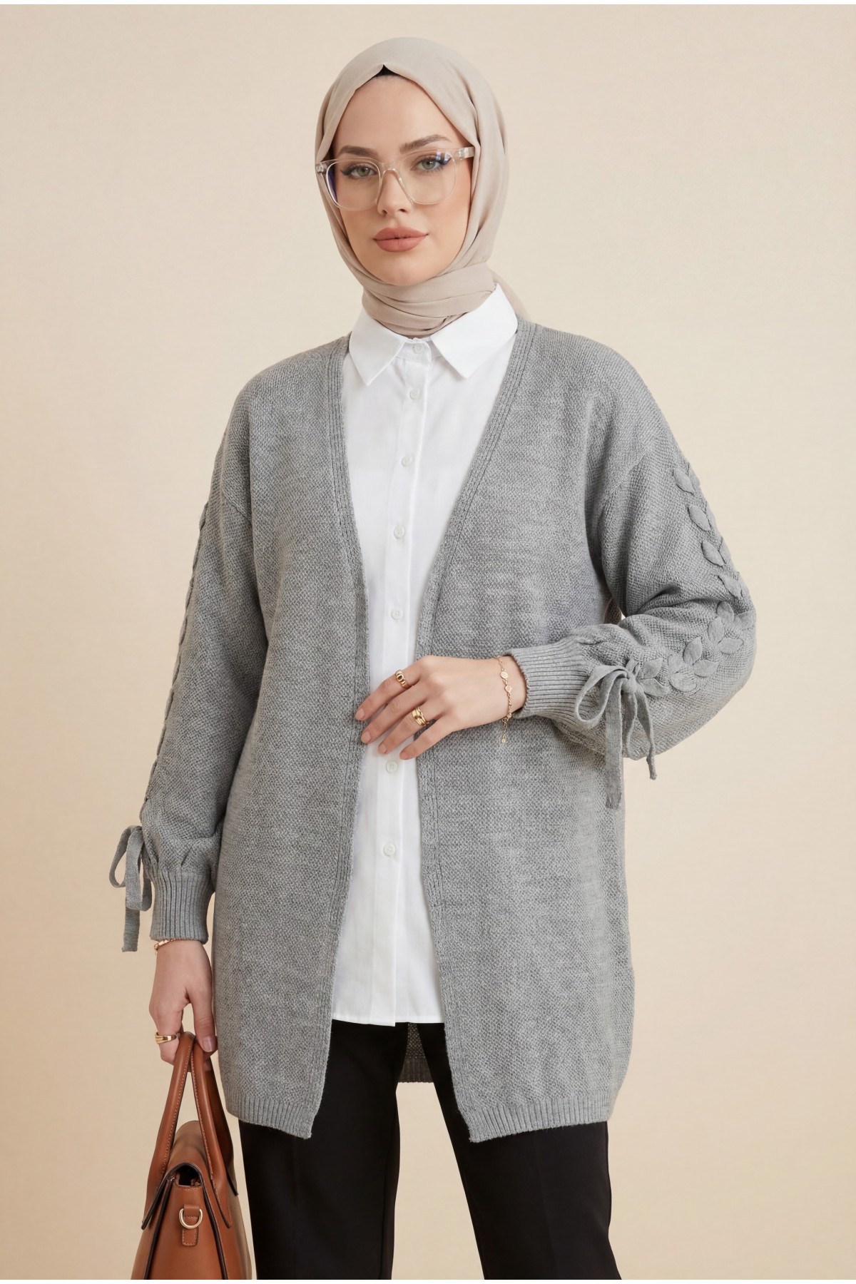 Kolu Saç Örgülü Salaş Triko Hırka -Gri