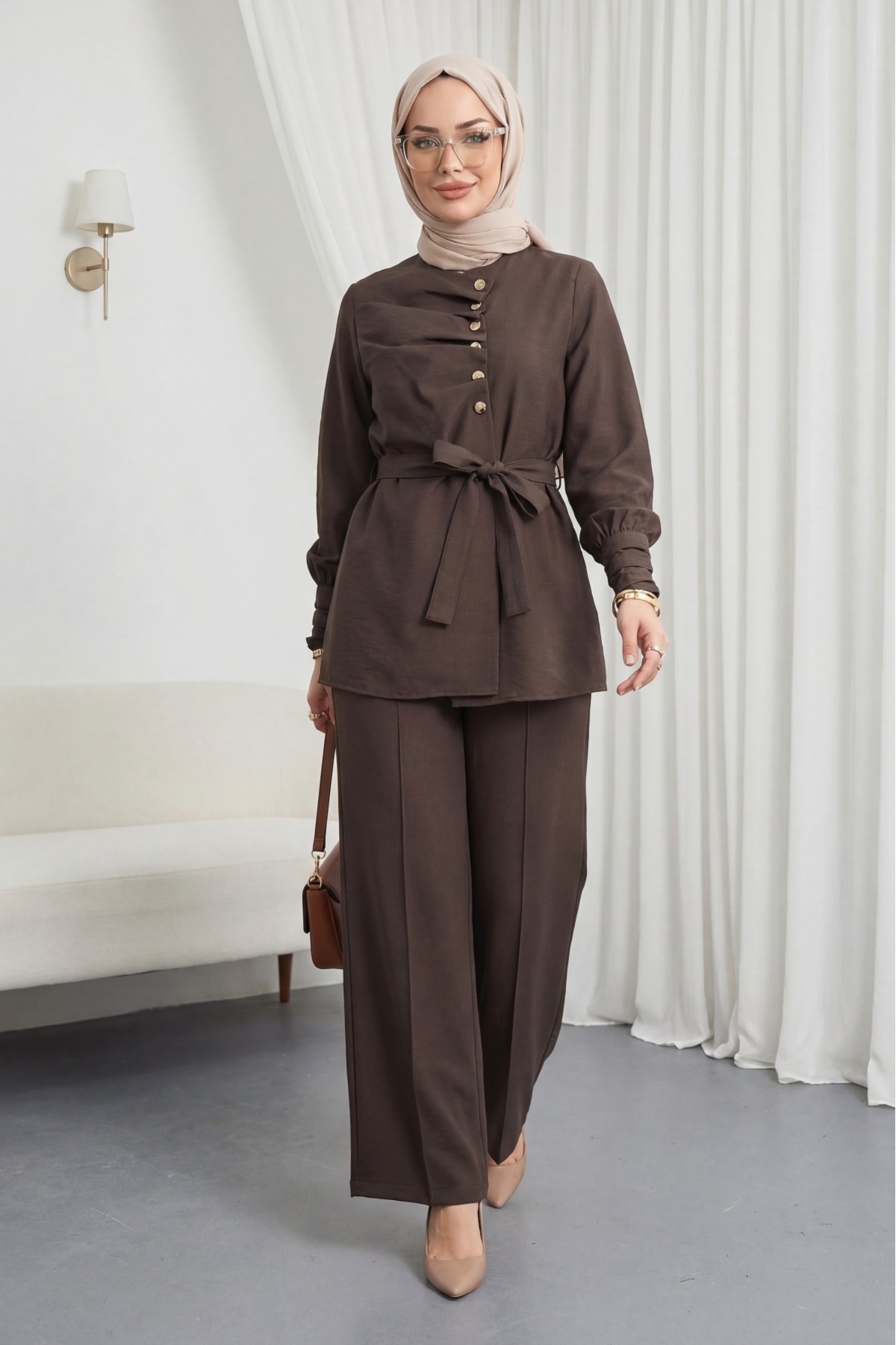 Kolu Ve Önü Katlama Detaylı Beli Kemerli Yarım Düğmeli Cupra Takım  -Kahve