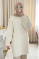 Kare Desenli Yırtmaçlı Yumoş Triko Tunik   -Krem