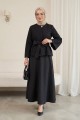 Tek Düğmeli Kemerli Kloş Etekli Nilsa Takım -Siyah