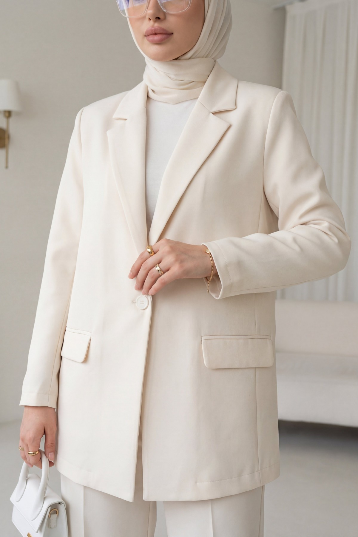 Cepli Tek Düğmeli Likralı Ceket  -Krem