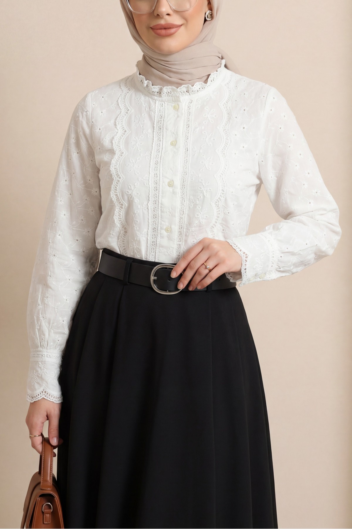 Brode İşlemeli Vintage Gömlek Bluz  -Beyaz