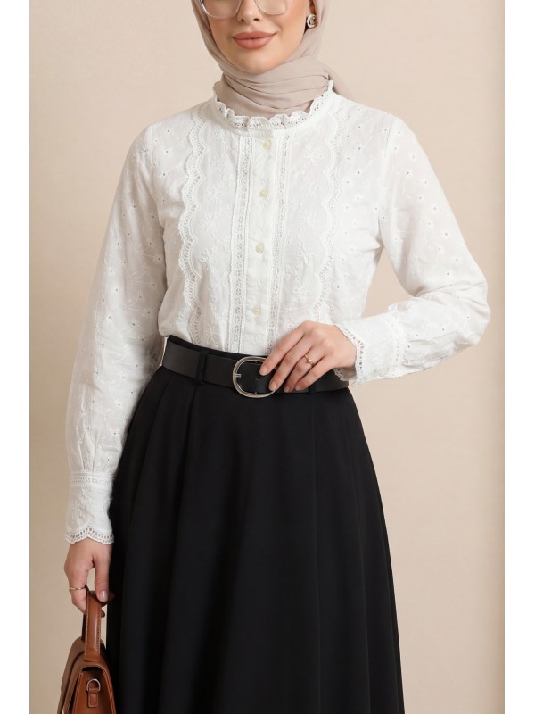 Brode İşlemeli Vintage Gömlek Bluz  -Beyaz