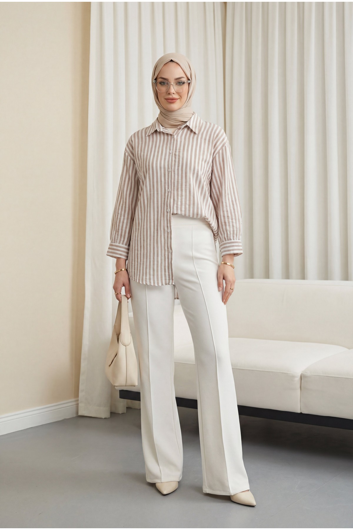 Boydan Düğmeli Çizgili Keten Gömlek -Açık Kahve