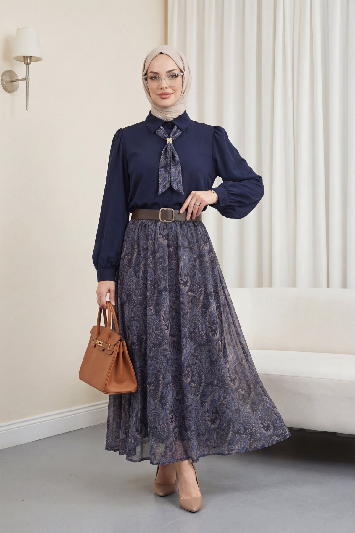 Boydan Düğmeli Kolları Büzgü Detay Eteği Etnik Desenli Takım -K.Laci