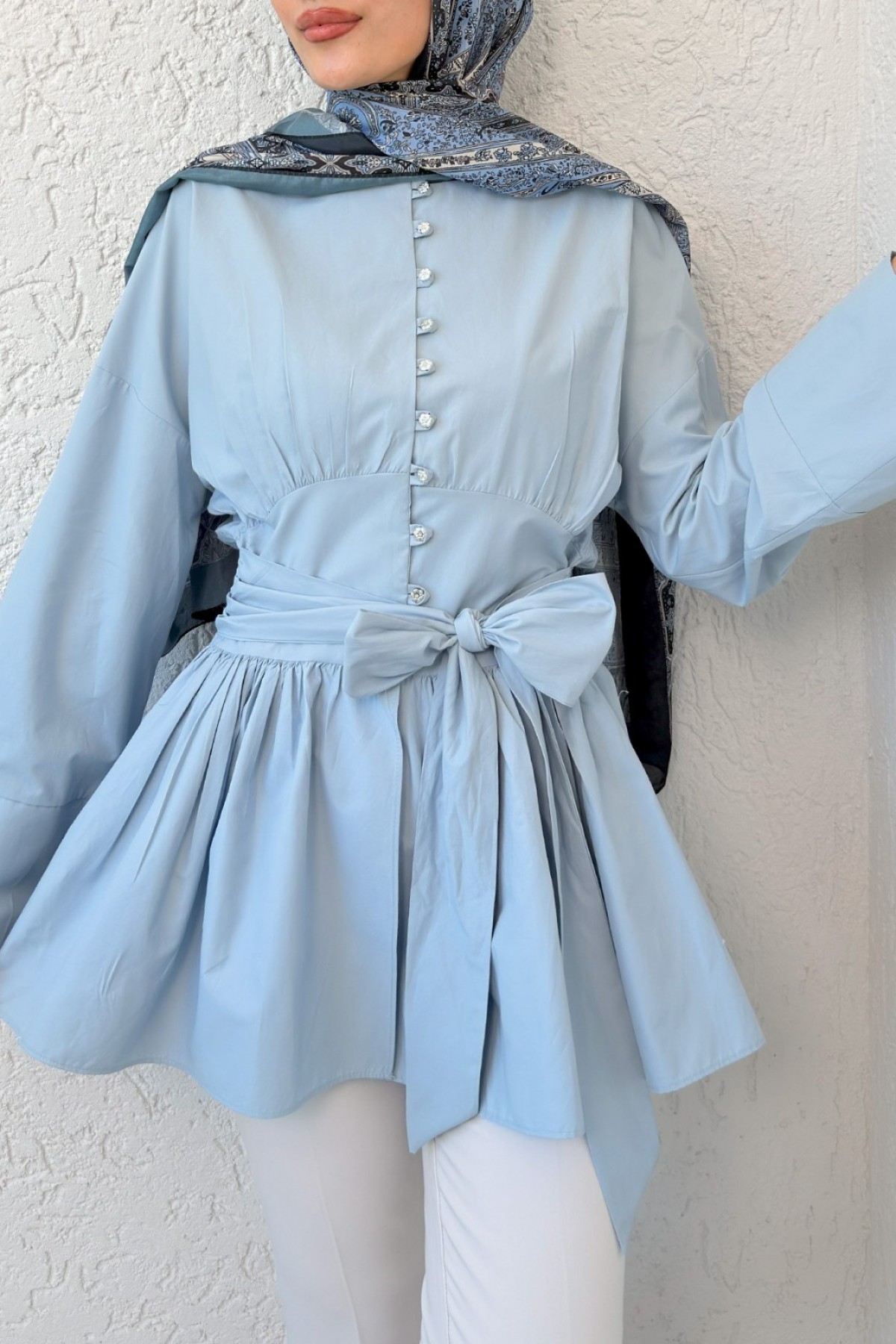 Beli Bağcıklı Boydan Taş Düğmeli Tunik -Bebe Mavi