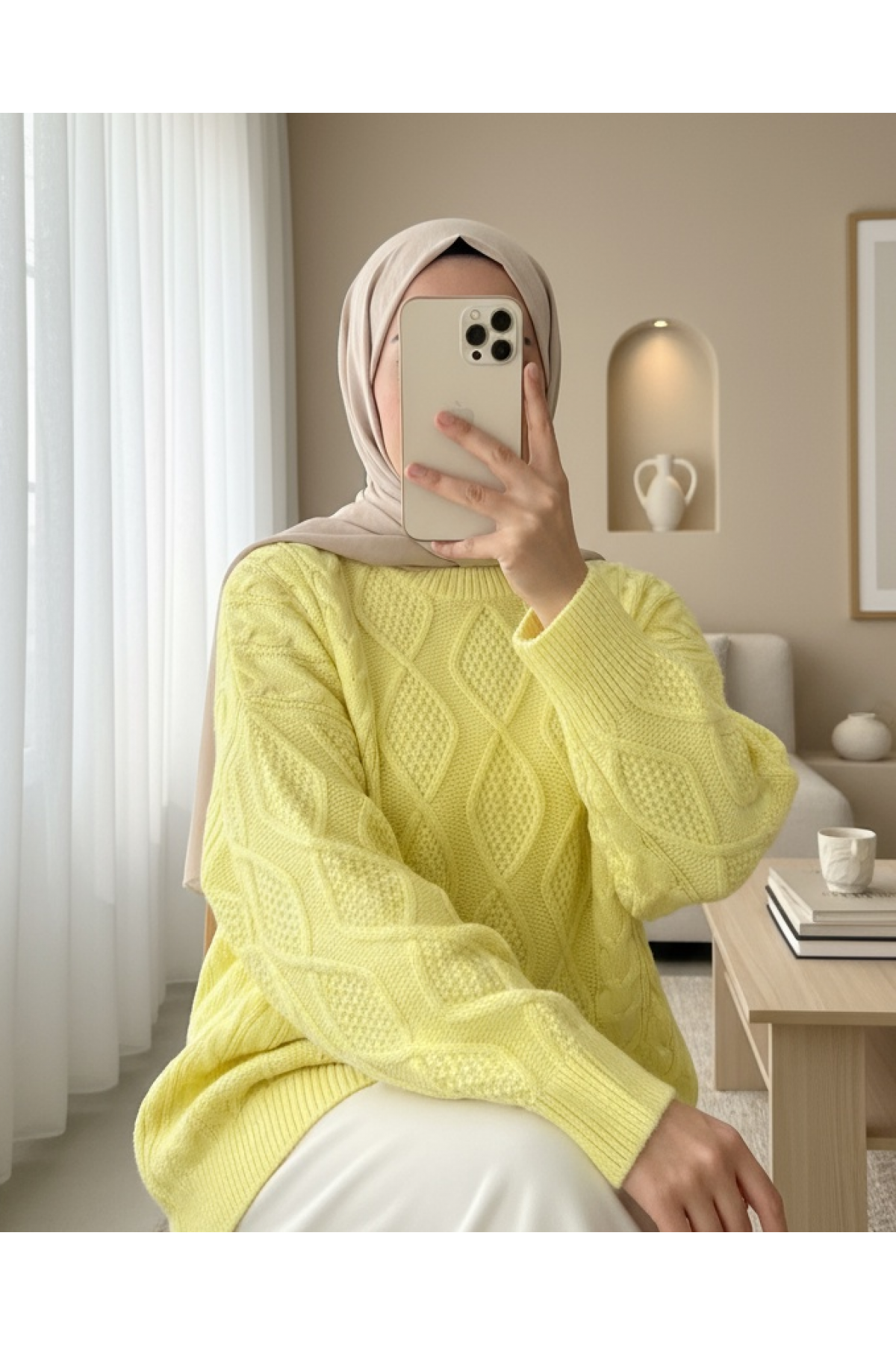 Petek Desen Kışlık Salaş Triko Kazak        -Sarı