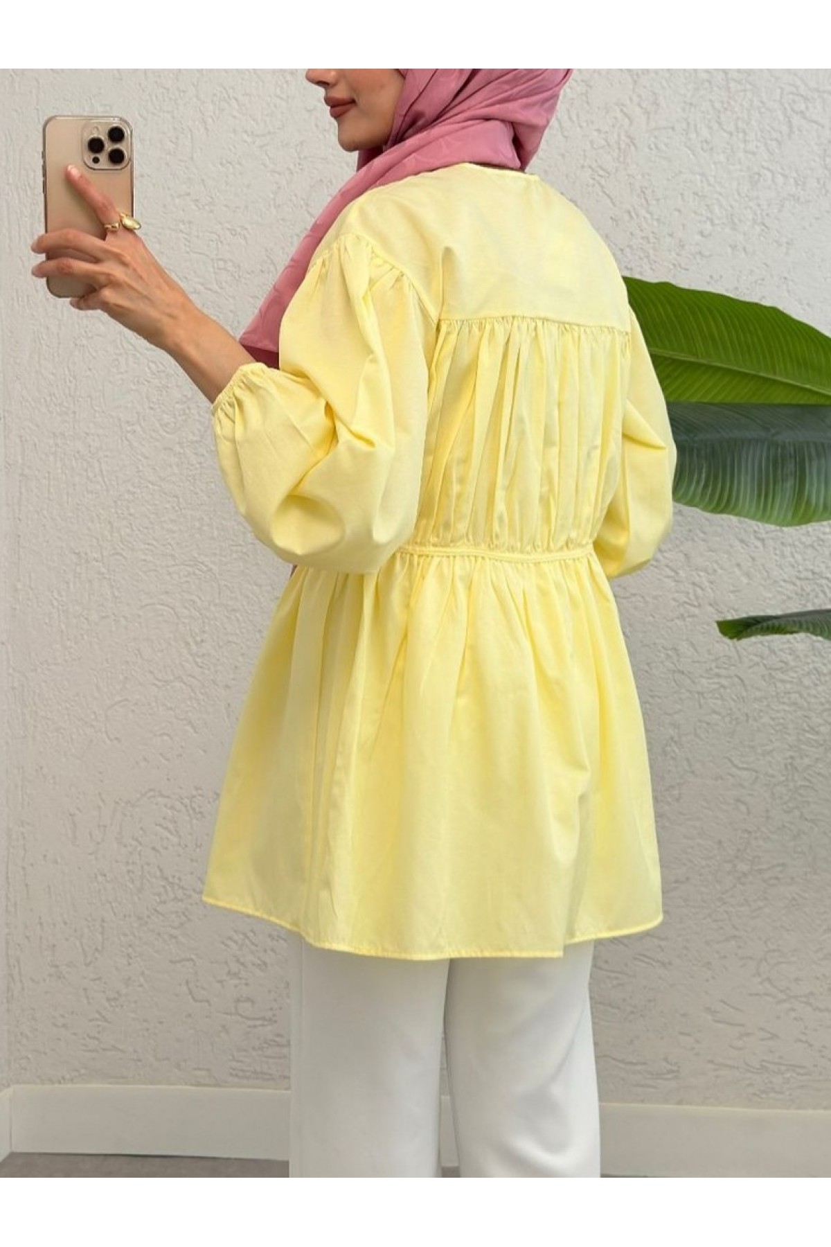 Taşlı Düğmeli Kolu Lastikli Bağlama Detaylı Gömlek -Sarı