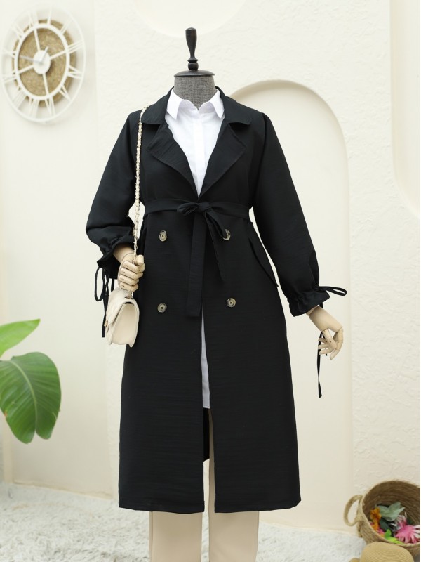 Kolu Manşeti Bağcıklı Kemerli Kap -Siyah