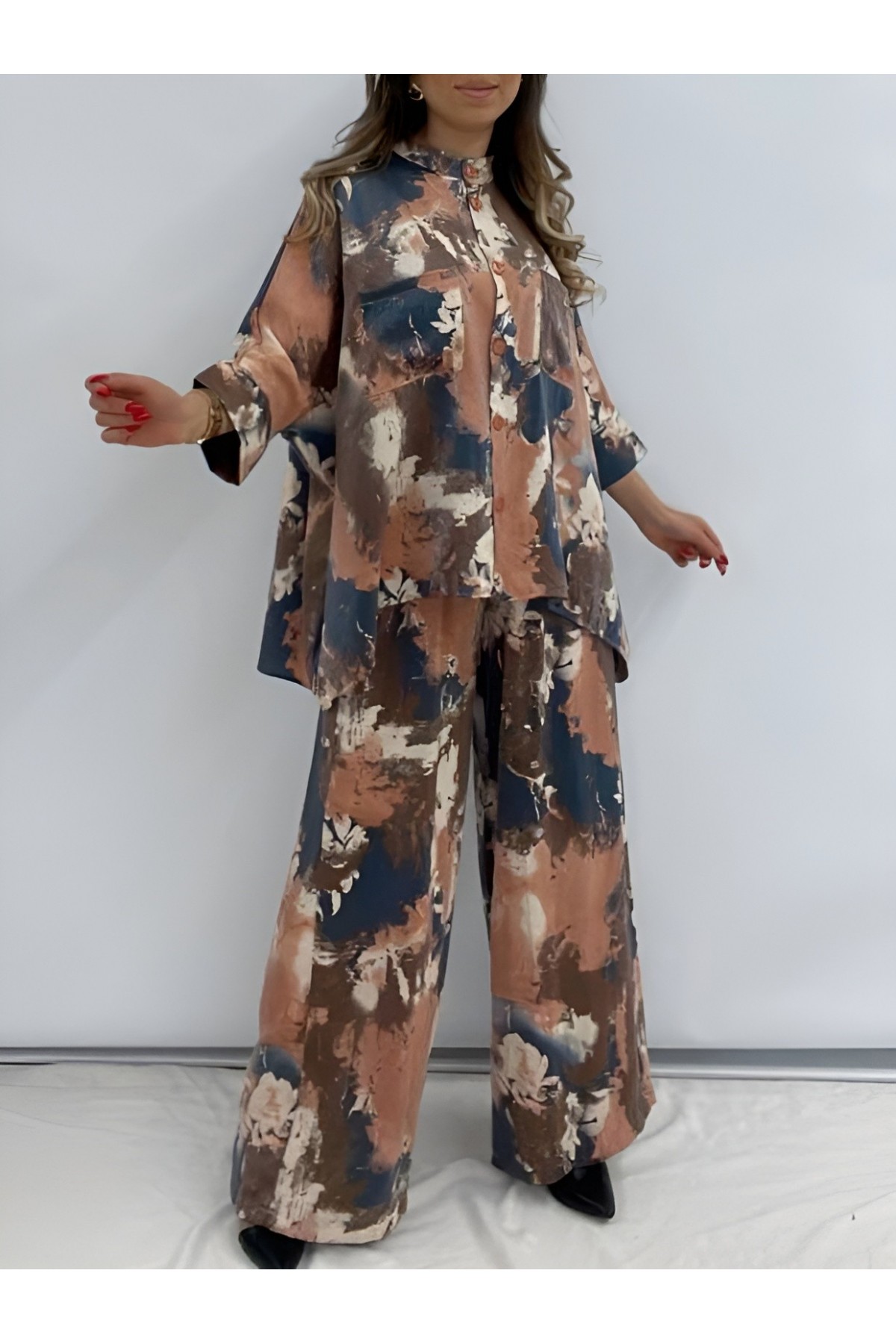 Batik Baskılı Mikro Simli Salaş Takım -Nar Çiçeği