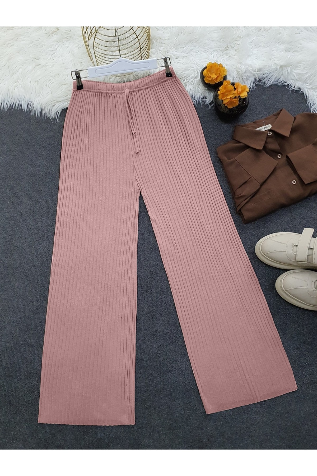 Bağcık Detaylı Salaş Fitilli Pantolon -Pudra