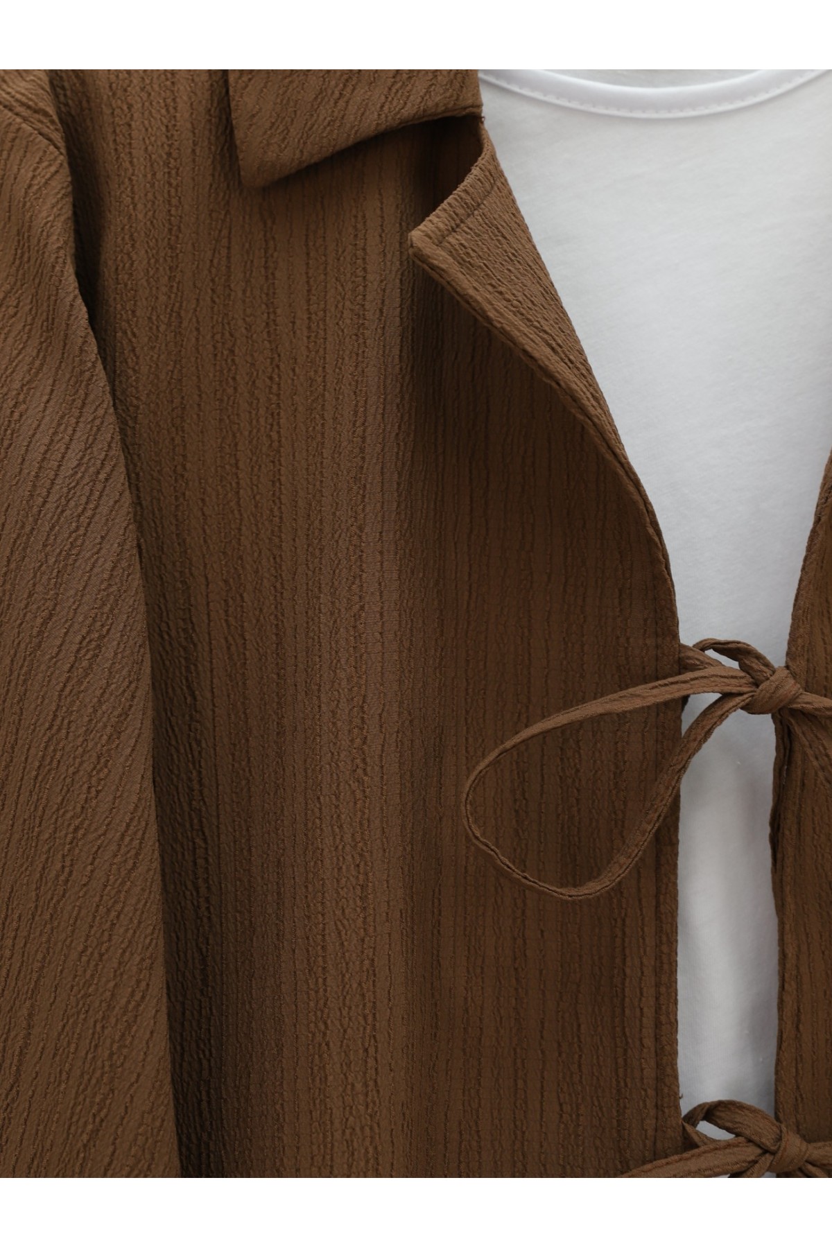 Önü Bağlamalı Etekli Krinkıl Takım  -Kahve