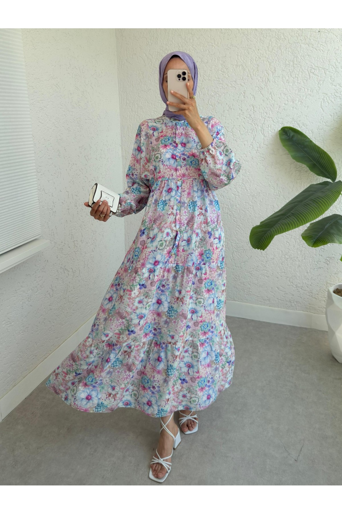 Yarım Düğmeli Kolu Lastikli Desenli Elbise  -Nar Çiçeği