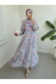 Yarım Düğmeli Kolu Lastikli Desenli Elbise  -Nar Çiçeği