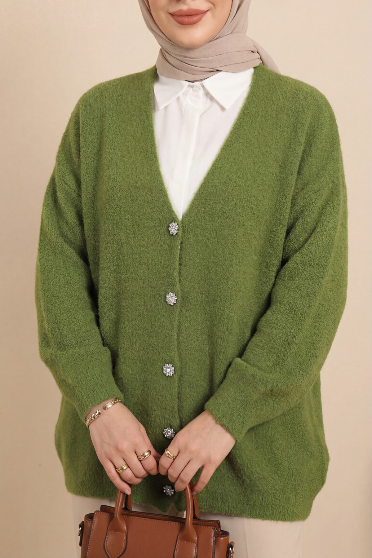 Önü Düğmeli Sakallı Salaş Triko Hırka    -Haki