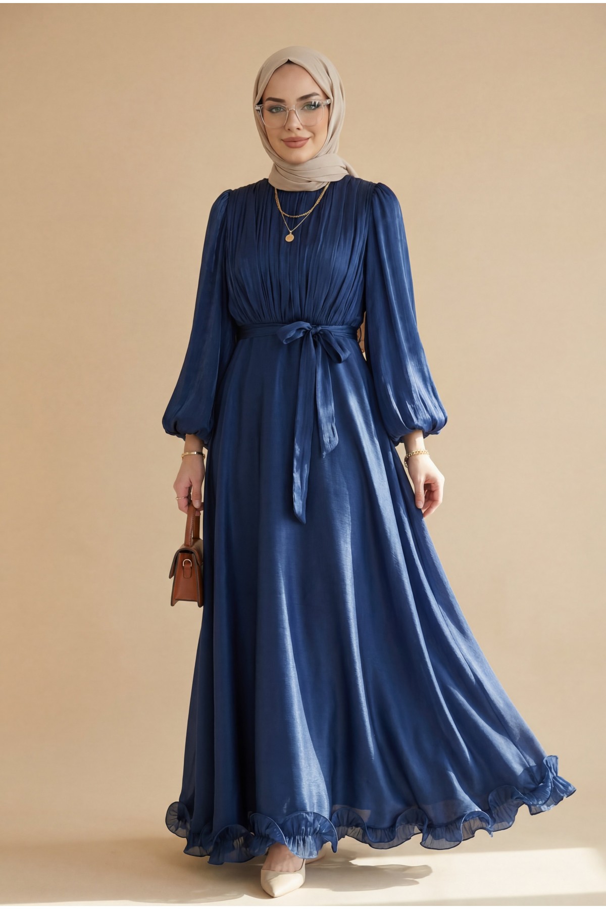 Eteği Volanlı Kemerli Janjan Şifon Elbise -Laci