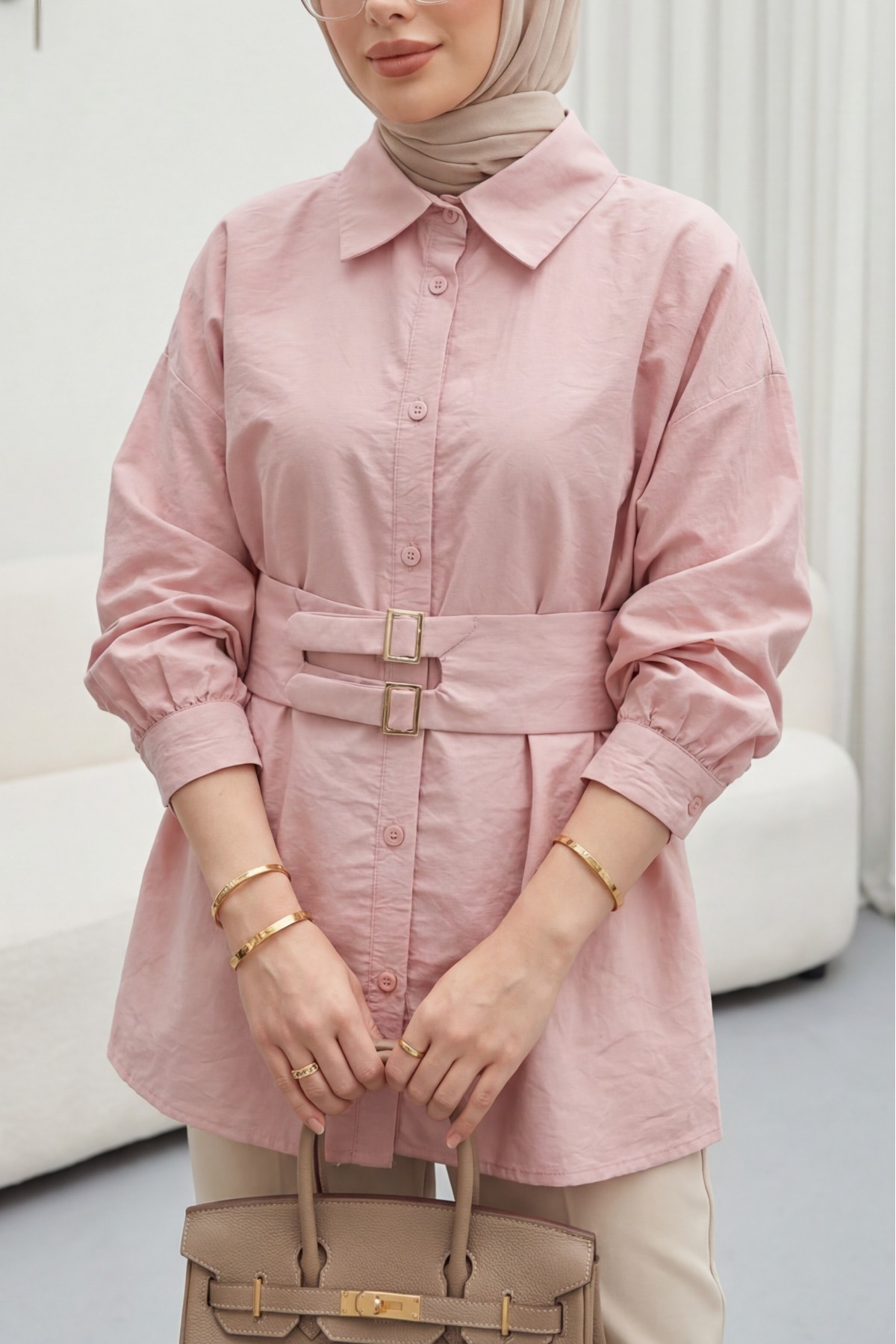 Çift Tokalı Lastikli Kemerli Önü Düğmeli Cupra Gömlek -Pudra