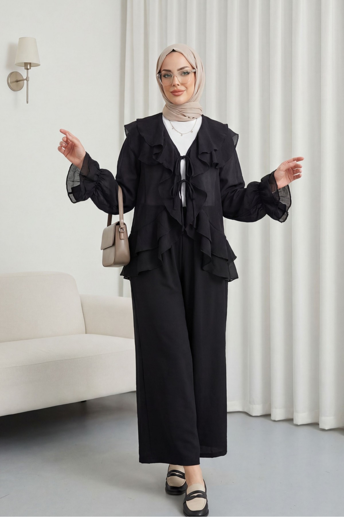 Önü Bağcıklı Kat Yakalı Kolu Lastikli Pantolonu Astarlı Cupra Takım  -Siyah