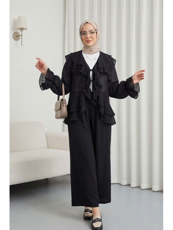 Önü Bağcıklı Kat Yakalı Kolu Lastikli Pantolonu Astarlı Cupra Takım  -Siyah