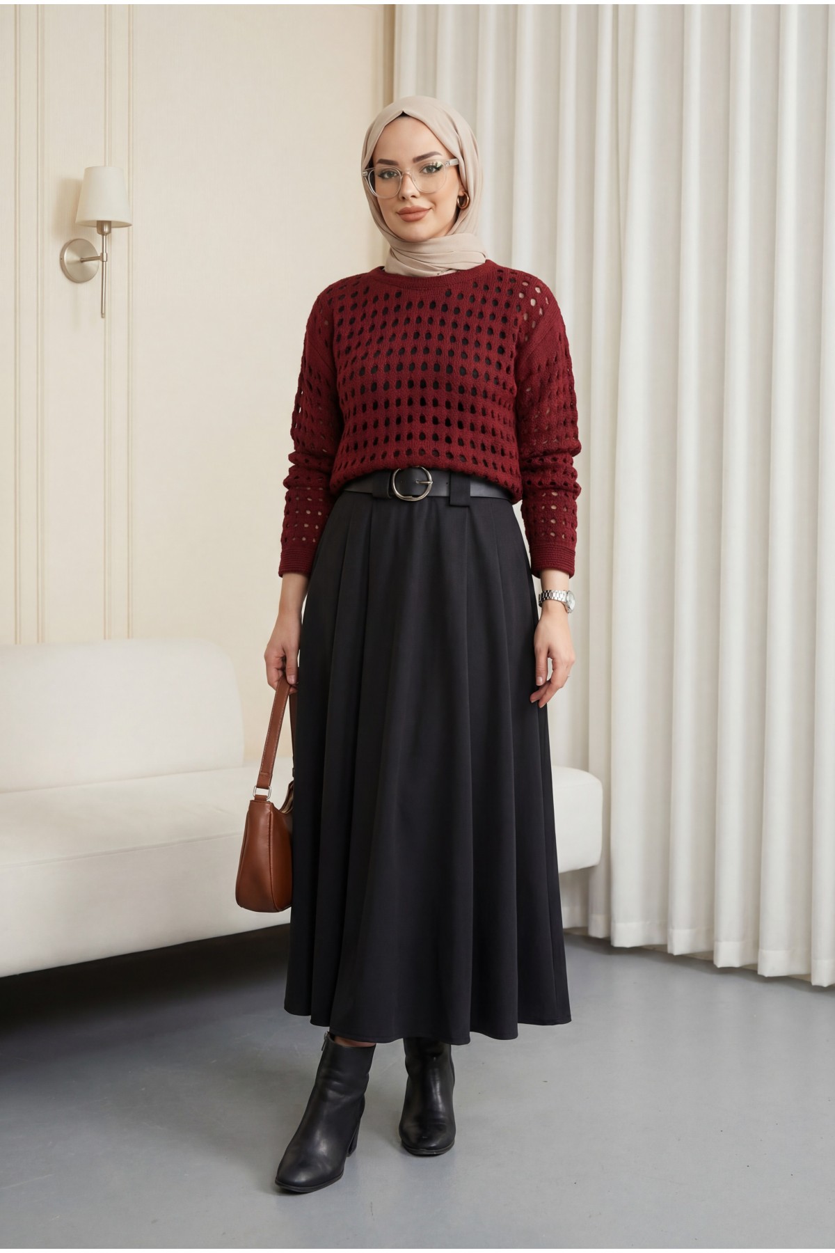Kayık Yaka Ajurlu Triko Kazak -Bordo