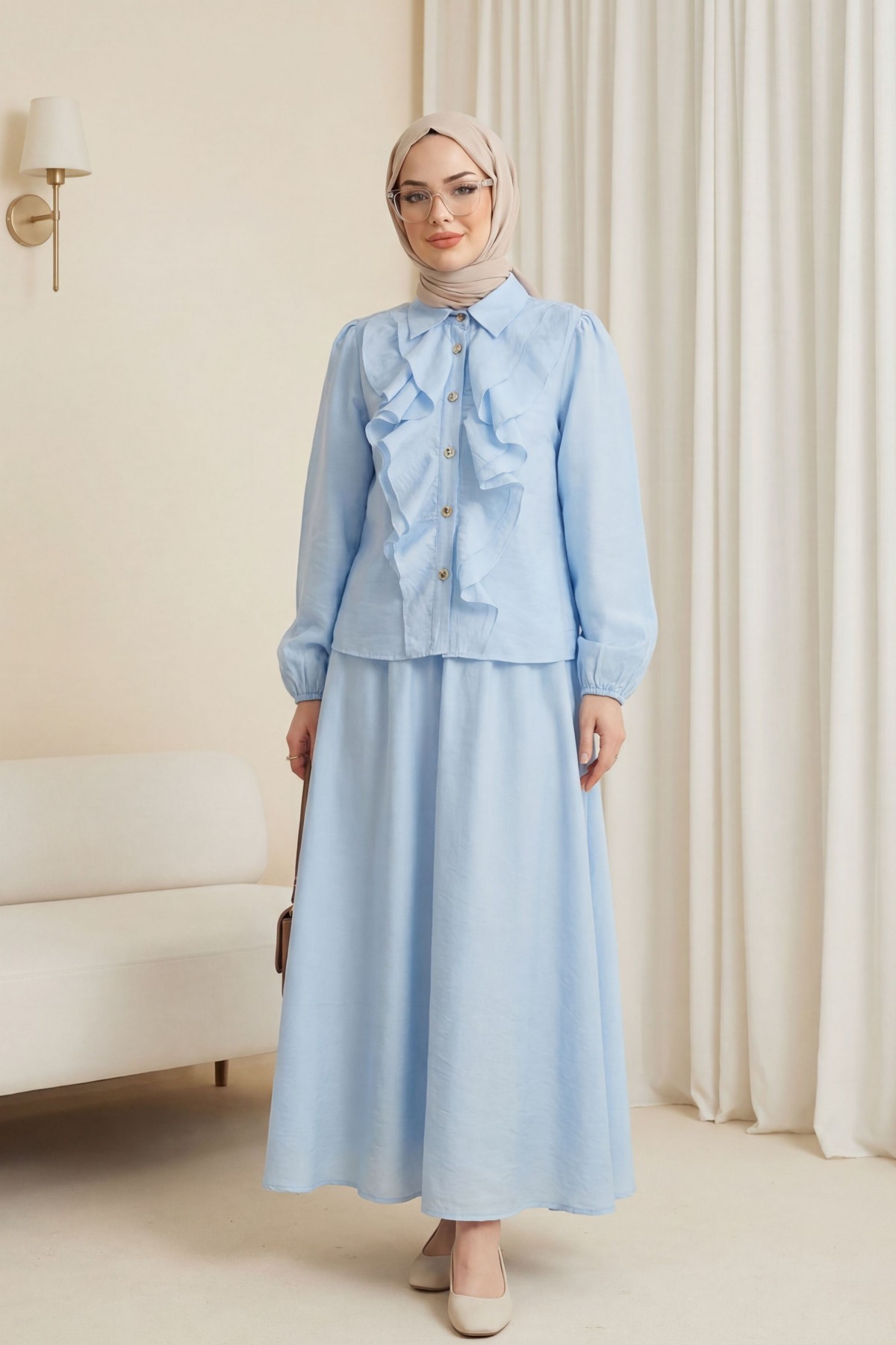 Önü Fırfırlı Kolu Lastikli Eteği Astarlı Çilek Takım  -Bebe Mavi