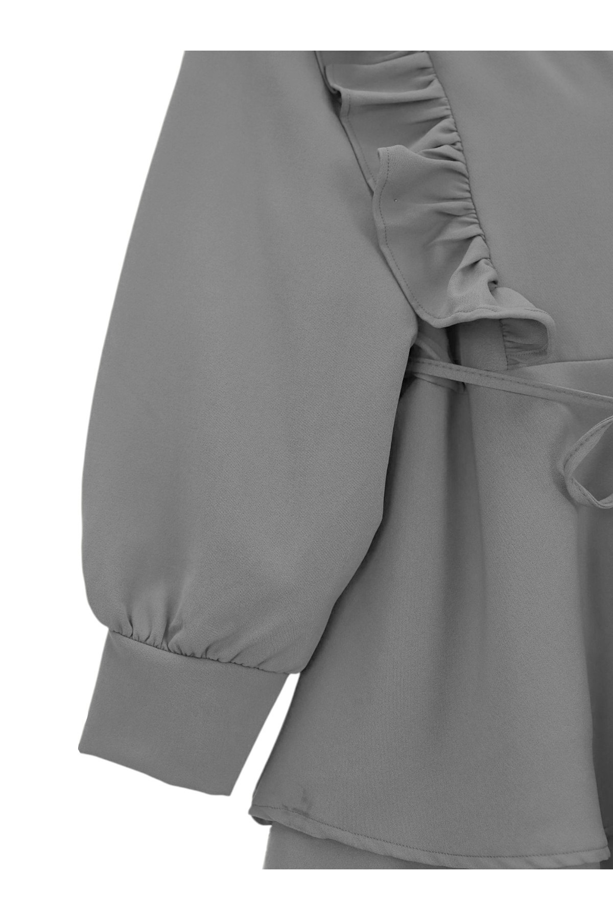 Önü Fırfırlı Bağcıklı Eteği Katlı Pantolonlu Kimono Takım  -Gri