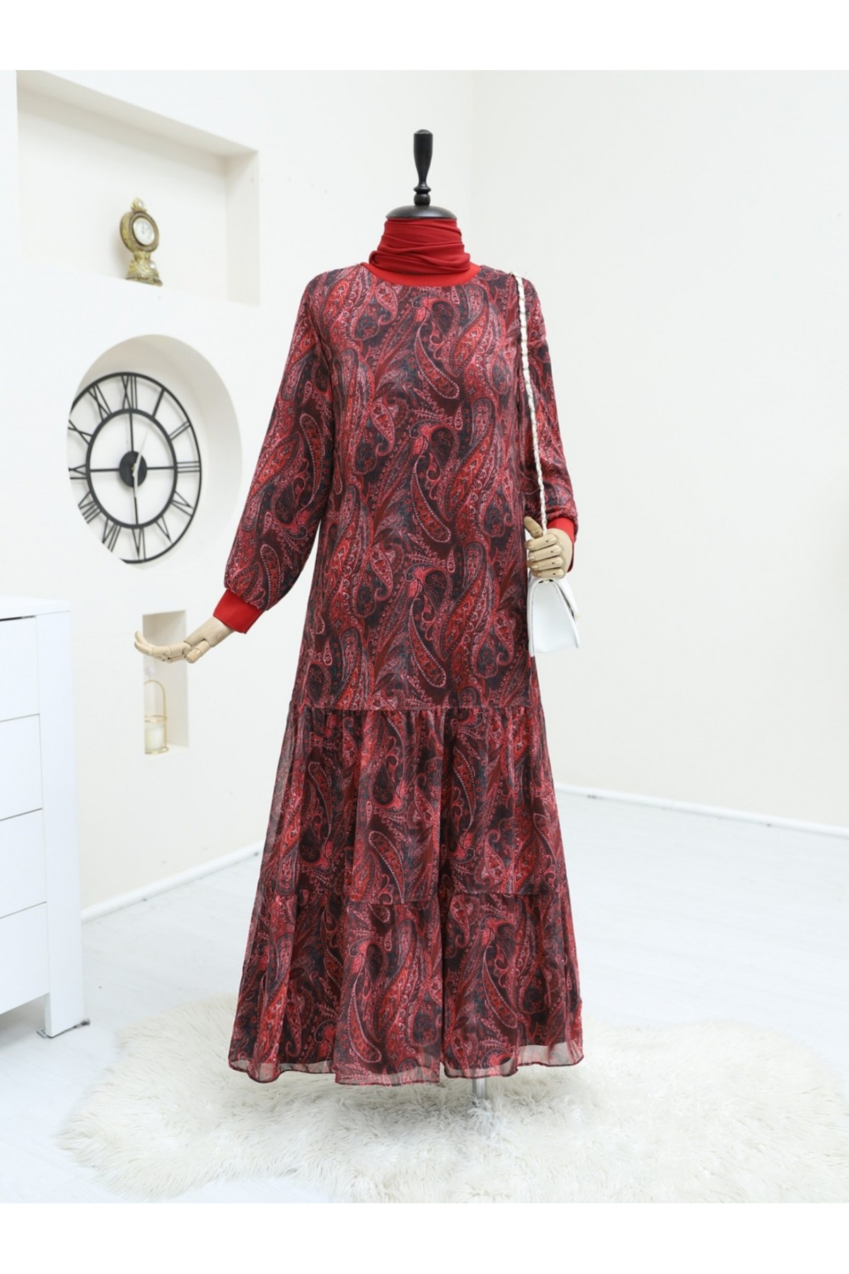 Etnik Desen Eteği Parçalı Astarlı Şifon Elbise   -Kırmızı