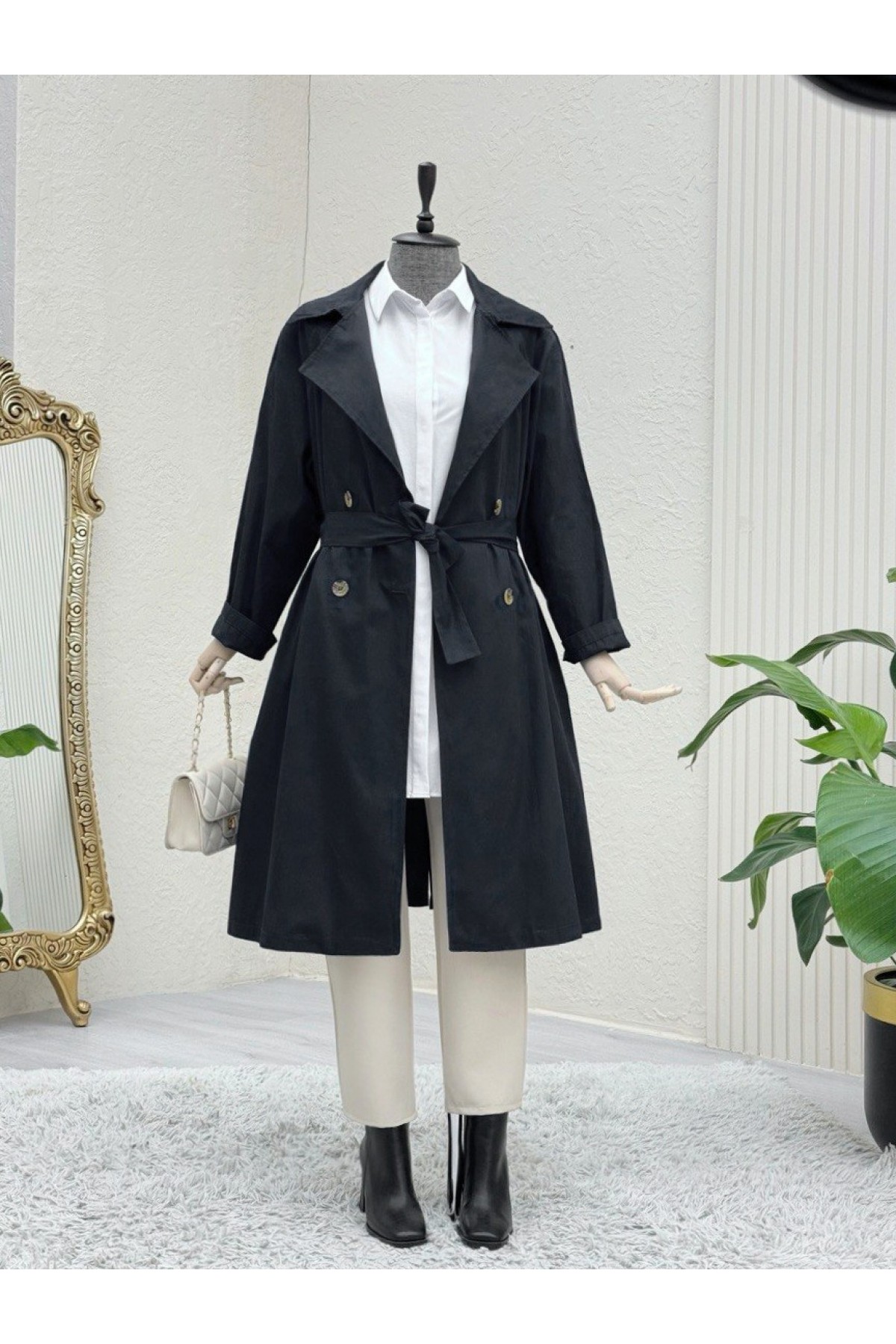 Bolero Detaylı Kemerli Araboy Trençkot -Siyah