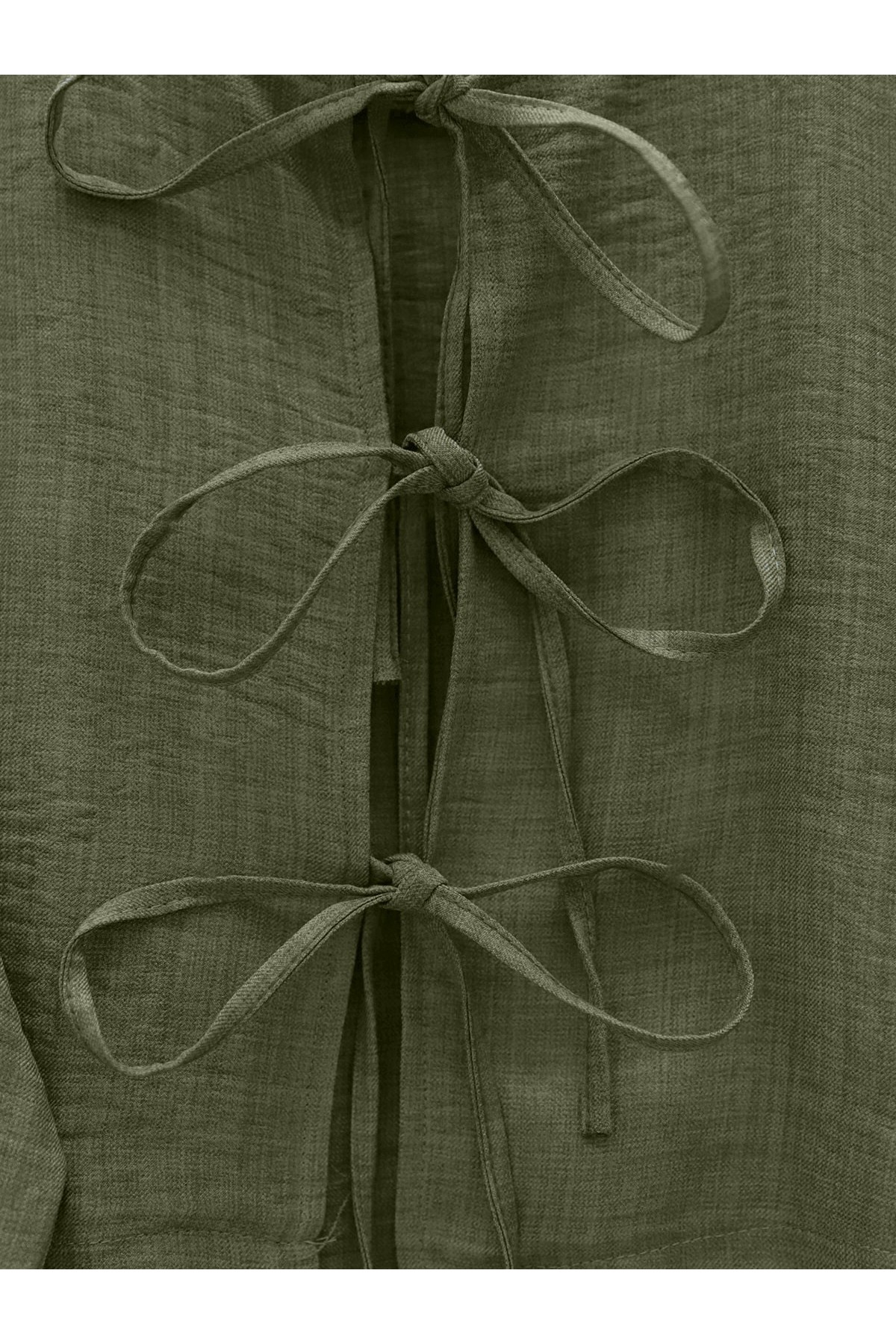 Önü Bağcıklı Beli Lastikli Etekli Keten Takım    -Haki