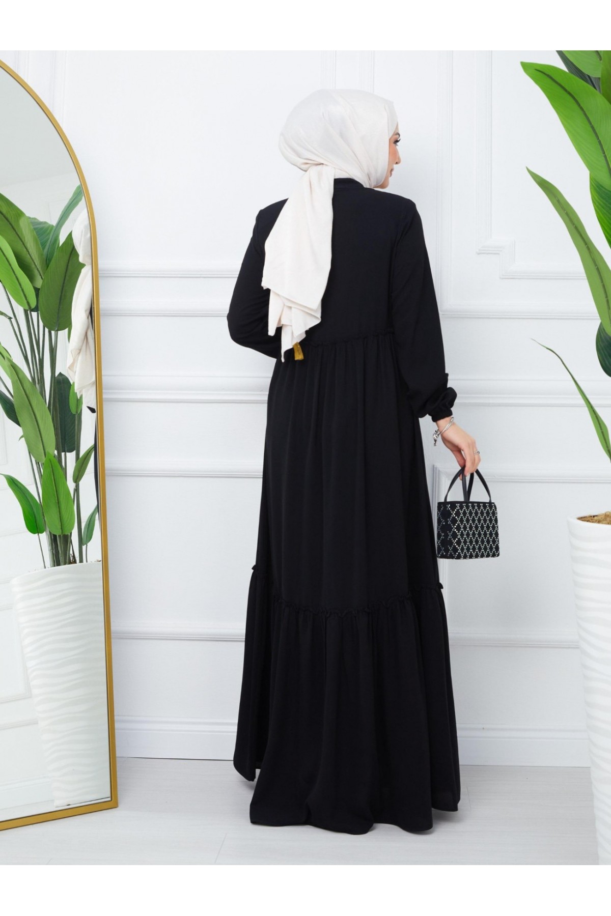 Parçalı Kolu Lastikli Boydan Fermuarlı Ferace -Siyah