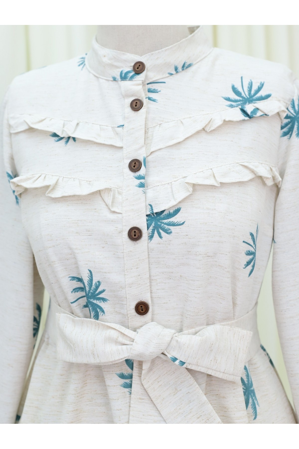 Önü Fırfırlı Yarım Düğmeli Parçalı Keten Elbise  -Petrol