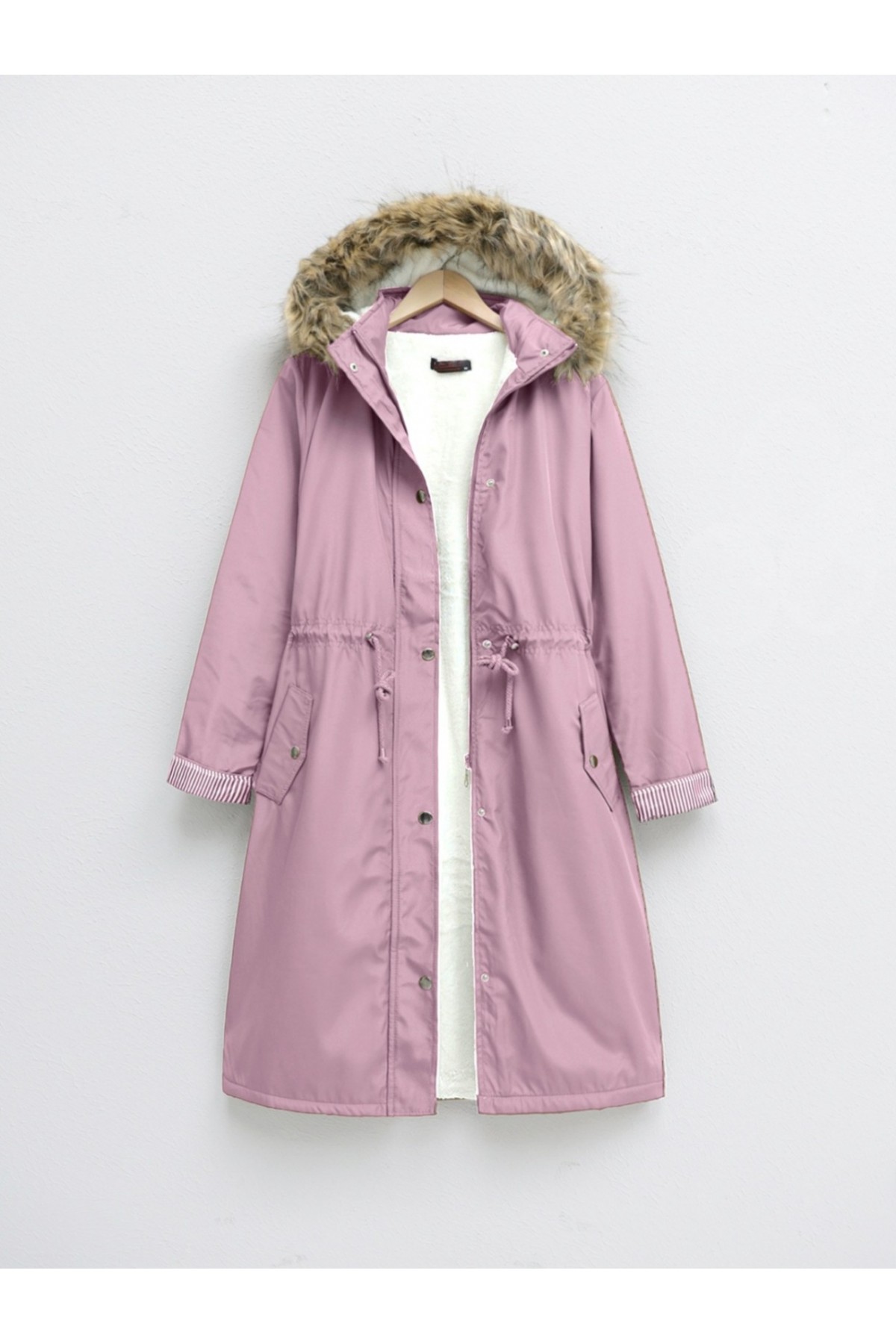 İçi Pelüş Çıkma Ķapşonlu Bondig Mont  -Pudra