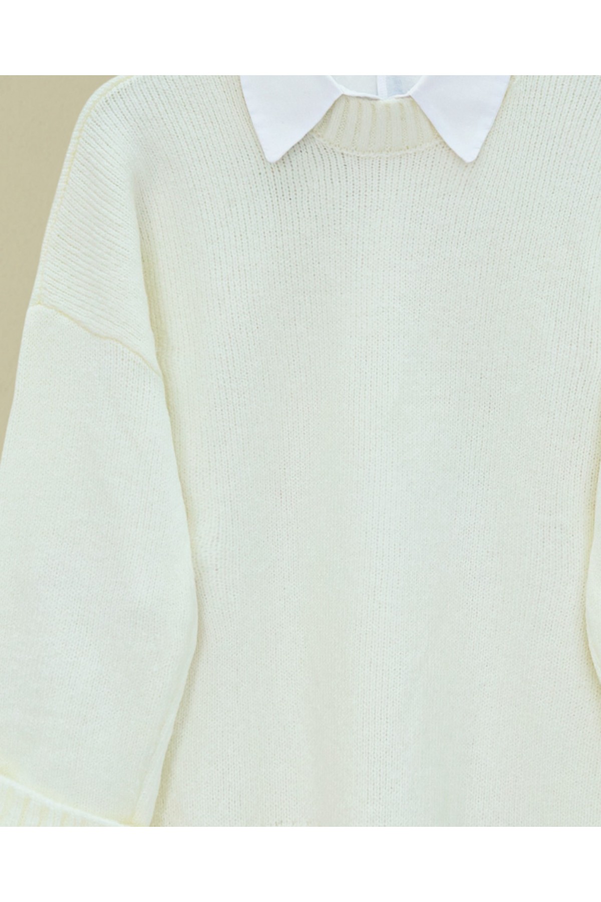 Bisiklet Yaka Eteği Fitilli Salaş Triko Kazak      -Beyaz